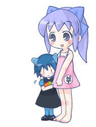 Rule 34 | 2girls, 2k-tan, barefoot, blue hair, blush, camisole, chibi, chibi only, collarbone, flying sweatdrops, glasses, headgear, mama-t, mary janes, multiple girls, os-tan, ponytail, purple theme, shoes, simple background, standing, white background