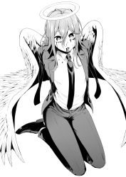 Rule 34 | angel devil (chainsaw man), black suit, black tie, black trousers, blood, blood on face, bloody tears, chainsaw man, dress shoes, halo, highres, suit, white dress shirt, wings