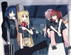Rule 34 | 4girls, blonde hair, blue hair, bocchi the rock!, briefcase, carrying, carrying person, cube hair ornament, giggling, gotoh hitori, guitar case, hair ornament, holding, holding briefcase, ijichi nijika, instrument case, kita ikuyo, long hair, mole, mole under eye, multiple girls, necktie, one side up, pants, piggyback, pink hair, pleated skirt, pointing, pointing at another, red eyes, red hair, shiroshi (denpa eshidan), shirt, short hair, side ponytail, skirt, suspenders, t-shirt, unconscious, yamada ryo, yellow eyes