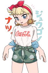 Rule 34 | 1girl, :p, absurdres, aged down, appleq, blonde hair, blue eyes, calenda (kemono friends), camouflage, camouflage shorts, clothes writing, coca-cola, commentary request, cowboy shot, earrings, freckles, hairband, head tilt, highres, hoop earrings, jewelry, kemono friends, kemono friends 3, looking at viewer, red hairband, shirt, short hair, short sleeves, shorts, simple background, solo, tongue, tongue out, translation request, white background, white shirt