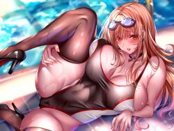 Rule 34 | 1girl, bare arms, bare shoulders, black choker, black footwear, black one-piece swimsuit, blush, breasts, brown hair, brown thighhighs, choker, cleavage, commentary request, competition swimsuit, covered navel, goddess of victory: nikke, goggles, goggles on head, high heels, kuro (tbm9187), large breasts, leg lift, legs, looking at viewer, lying, official alternate costume, on side, one-piece swimsuit, parted lips, pool, rapi (classic vacation) (nikke), rapi (nikke), red eyes, solo, swimsuit, thighhighs, thighs, water, wet