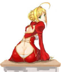 Rule 34 | 10s, 1girl, ahoge, ass, backless dress, backless outfit, bare back, blonde hair, butt crack, dimples of venus, downpants, dress, fate/extra, fate (series), from behind, green eyes, juliet sleeves, long sleeves, looking back, nero claudius (fate), nero claudius (fate), nero claudius (fate/extra), puffy sleeves, solo, wantsupanchi!!