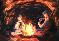 Rule 34 | 2boys, blanket, campfire, camping, cave, cooking, eating, fire, ging freecss, grilling, hat, highres, hunter x hunter, kite (hunter x hunter), long hair, luclu03, male focus, multiple boys