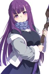 Rule 34 | 1girl, :t, black robe, blush, breasts, closed mouth, coat, cut bangs, fern (sousou no frieren), grey coat, highres, holding, holding staff, large breasts, long hair, looking at viewer, mage staff, open clothes, open coat, purple eyes, purple hair, robe, sando (dukedevil), simple background, solo, sousou no frieren, staff, straight hair, white background