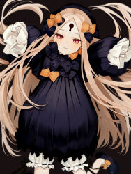 Rule 34 | 1girl, abigail williams (fate), black bow, black dress, black hat, blonde hair, bloomers, blush, bow, breasts, closed mouth, dress, fate/grand order, fate (series), forehead, hair bow, hat, highres, keyhole, long hair, long sleeves, looking at viewer, multiple hair bows, orange bow, parted bangs, red eyes, ribbed dress, sleeves past fingers, sleeves past wrists, small breasts, smile, solo, sumi (gfgf 045), underwear, variant set, white bloomers