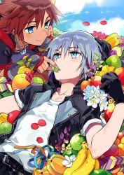 Rule 34 | 2boys, bad id, bad twitter id, banana, black gloves, blouse, blue eyes, brown hair, chain, chain necklace, colorful, commentary, feeding, food, fruit, gloves, grapes, jacket, jewelry, kingdom hearts, lying, male focus, multiple boys, necklace, ninomoto, on back, open clothes, open jacket, orange (fruit), riku (kingdom hearts), shirt, short hair, silver hair, smile, sora (kingdom hearts), star-shaped food, star (symbol), starfruit, white shirt, yaoi