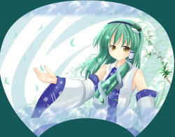Rule 34 | 1girl, brown hair, cowboy shot, detached sleeves, female focus, frog hair ornament, green hair, hair ornament, hair tubes, kochiya sanae, long hair, long sleeves, looking at viewer, makino (ukiuo), nontraditional miko, snake hair ornament, solo, touhou, vest