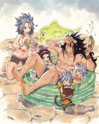 Rule 34 | 2boys, 3girls, ;d, bad id, bad twitter id, barefoot, bikini, bikini shorts, bikini top only, black hair, black shorts, blue hair, breasts, cleavage, collarbone, day, fairy tail, gajeel redfox, goggles, goggles on head, grin, gun, hair between eyes, hairband, heart, holding, holding gun, holding weapon, kneeling, levy mcgarden, long hair, multiple boys, multiple girls, navel, nose piercing, one eye closed, open mouth, outdoors, pantherlily, piercing, red hairband, rusky, shorts, small breasts, smile, swimsuit, water, water gun, weapon, white bikini