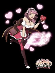 Rule 34 | 1girl, bare shoulders, black clover, blue eyes, boots, box, breasts, cleavage, dress, full body, gift, gift box, hair ornament, heart-shaped box, holding, holding gift, large breasts, long hair, official art, one eye closed, pink hair, red legwear, tagme, vanessa enoteca, wink