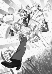 Rule 34 | 5girls, :d, :o, \o/, animal ears, arms up, blush, bow, bowtie, bride, cake, carrying, commentary request, confetti, dress, english text, female focus, flower, food, fork, fruit, gold ship (umamusume), grass, greyscale, groom, hair flower, hair ornament, hat, high heels, highres, holding, holding fork, horse ears, horse girl, horse tail, jitome, kitou sakeru, long hair, mejiro mcqueen (umamusume), monochrome, multiple girls, o o, oguri cap (umamusume), open mouth, outstretched arms, pants, princess carry, rice shower (umamusume), shoe dangle, silhouette, smile, special week (umamusume), strawberry, tail, umamusume, wedding dress, wife and wife, yuri