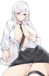 Rule 34 | 1girl, absurdres, azur lane, between breasts, black necktie, black skirt, blush, breasts, cleavage, collarbone, commentary, dated commentary, enterprise (azur lane), hair between eyes, hand on own chest, highres, large breasts, long hair, looking at viewer, miniskirt, necktie, necktie between breasts, office lady, open clothes, panties, pantyshot, purple eyes, samip, shirt, simple background, skirt, smile, solo, thigh strap, underwear, upskirt, very long hair, white background, white hair, white panties