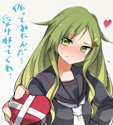 Rule 34 | 10s, 1girl, bad id, bad pixiv id, blush, breasts, crescent, crescent hair ornament, gift, green eyes, green hair, hair flaps, hair ornament, heart, holding, holding gift, incoming gift, kantai collection, long hair, long sleeves, looking at viewer, matching hair/eyes, mizukami ryouma, motion lines, nagatsuki (kancolle), nose blush, school uniform, simple background, small breasts, solo, sweat, text focus, translation request, upper body, valentine