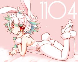 Rule 34 | animal ears, bare shoulders, bed sheet, blush, bow, closed mouth, collar, commentary request, detached collar, fake animal ears, fingernails, full body, green bow, green hair, head rest, high heels, leotard, looking at viewer, looking to the side, lying, made in abyss, multicolored hair, on stomach, pantyhose, pink background, playboy bunny, prushka, rabbit ears, rabbit tail, red eyes, sakurazawa izumi, short hair, solo, tail, two-tone hair, white collar, white footwear, white hair, white leotard, white pantyhose