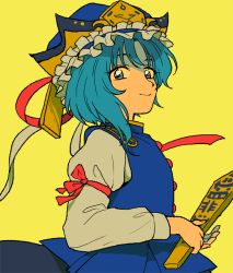 Rule 34 | asymmetrical hair, blouse, blue eyes, blue hat, blue skirt, discowars, eyebrows hidden by hair, frilled hat, frills, green hair, hat, long sleeves, looking at viewer, red ribbon, ribbon, ribbon-trimmed sleeves, ribbon trim, rod of remorse, shiki eiki, shirt, simple background, skirt, solo, touhou, upper body, vest, white ribbon, yellow background