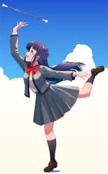 Rule 34 | 1girl, :d, arm up, black socks, blue eyes, blue sky, blunt bangs, bow, bowtie, cloud, collared shirt, commentary request, day, from side, full body, grey jacket, grey skirt, hand up, high-waist skirt, highres, jacket, kneehighs, leaning forward, leg up, loafers, long hair, long sleeves, looking at object, looking up, miniskirt, on cloud, one side up, open clothes, open jacket, open mouth, outdoors, outstretched arm, pleated skirt, profile, purple hair, red bow, red bowtie, school uniform, seishou music academy uniform, shirt, shirt tucked in, shoes, shoujo kageki revue starlight, sidelocks, skirt, sky, smile, socks, solo, standing, standing on one leg, tiptoes, tsuyuzaki mahiru, twirl baton, very long hair, white shirt, yoshika (music480069)