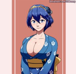 Rule 34 | 1girl, alternate breast size, alternate hairstyle, blue eyes, blue hair, breasts, cleavage, fire emblem, fire emblem awakening, flower, hair flower, hair ornament, highres, japanese clothes, kimono, large breasts, looking at viewer, lucina (fire emblem), nintendo, no bra, short hair, smile, solo, tagme, upper body, ydbunny