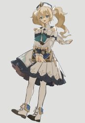 Rule 34 | 1girl, absurdres, barbara (genshin impact), bare shoulders, blonde hair, blue eyes, blush, book, boots, bow, breasts, cross, detached sleeves, dress, drill hair, frilled skirt, frilled sleeves, frills, full body, genshin impact, grey background, hair ornament, hat, highres, holding, holding book, kurattes, long hair, long sleeves, open mouth, pantyhose, simple background, skirt, smile, solo, twin drills, twintails, white dress, white hat, white pantyhose