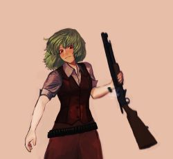 Rule 34 | 1girl, adapted costume, ammunition belt, arm at side, bandolier, belt, breasts, buttons, collared shirt, cowboy shot, expressionless, green hair, gun, highres, holding, holding gun, holding weapon, kazami yuuka, looking at viewer, motion blur, p! (flaschenstrahlinge), pants, pink background, red eyes, red vest, reloading, shirt, short sleeves, shotgun, shotgun shell, sideways glance, simple background, sleeves rolled up, small breasts, smoke, solo, touhou, vest, weapon, white shirt, wing collar