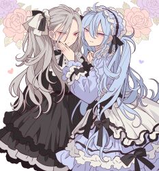 Rule 34 | 2boys, absurdres, bad id, bad pixiv id, black dress, black nails, black ribbon, blue dress, blue hair, closed mouth, collared dress, cowboy shot, crossdressing, dress, ensemble stars!, frilled dress, frills, grey hair, hair between eyes, hair ribbon, hand on another&#039;s face, hibiki wataru, highres, lolita fashion, long hair, long sleeves, looking at viewer, male focus, meremero, multiple boys, open mouth, puffy long sleeves, puffy sleeves, purple eyes, ran nagisa, red eyes, ribbon, smile