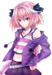Rule 34 | 1boy, aqua belt, astolfo (fate), astolfo (memories at trifas) (fate), black bow, bow, braid, crop top, cropped shirt, fate/apocrypha, fate/grand order, fate (series), hair bow, hair intakes, hand on own hip, highres, jacket, long hair, male focus, midriff, multicolored hair, open clothes, open jacket, pink hair, pom pom (clothes), purple eyes, purple jacket, shirt, simple background, single braid, solo, streaked hair, striped clothes, striped shirt, suprii, trap, v-neck, very long hair, white background, white hair
