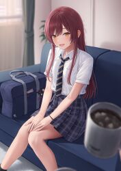 Rule 34 | 1girl, 1other, bag, bare legs, blush, brown hair, coffee mug, couch, cup, feet out of frame, grey skirt, highres, idolmaster, idolmaster shiny colors, indoors, long hair, looking at viewer, mikazuchi zeus, mug, on couch, osaki amana, plaid, plaid skirt, pleated skirt, school bag, school uniform, shirt, short sleeves, sitting, skirt, smile, solo focus, straight hair, very long hair, white shirt, yellow eyes