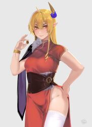 Rule 34 | 1girl, blonde hair, bracelet, breasts, closed mouth, cowboy shot, dress, elf, grey background, hair ornament, highres, holding, hunyan, jewelry, long hair, looking at viewer, medium breasts, original, pointy ears, red dress, short sleeves, simple background, smile, solo, standing, yellow eyes