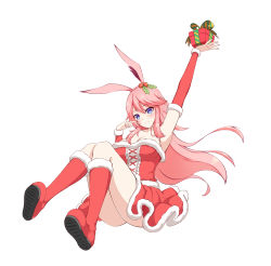 Rule 34 | 1girl, animal ears, arm up, armpits, boots, breasts, christmas, cleavage, closed mouth, dress, fox ears, full body, hair between eyes, hair ornament, highres, honkai (series), honkai impact 3rd, long hair, outstretched arm, phantom racher, pink hair, purple eyes, red dress, red footwear, red sleeves, shoe soles, simple background, sleeveless, sleeveless dress, smile, solo, white background, yae sakura