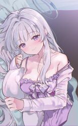 Rule 34 | 0202ase, 1girl, absurdres, bare shoulders, blue archive, breasts, cleavage, highres, long hair, looking at viewer, medium breasts, noa (blue archive), purple eyes, smile, solo, white hair