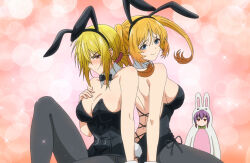 Rule 34 | 3girls, animal ears, aoba kurage, aoba tsukuyo, back, back cutout, bare shoulders, black leotard, black pantyhose, blonde hair, blue eyes, blush, breasts, cleavage, clothing cutout, collarbone, fake animal ears, fake tail, hair ornament, hair scrunchie, hand on own chest, highleg, highleg leotard, highres, large breasts, leotard, mia christoph, multiple girls, neckerchief, no bra, pantyhose, pink scrunchie, playboy bunny, purple hair, rabbit ears, rabbit tail, red eyes, screencap, scrunchie, short hair, siblings, sisters, smile, stitched, tail, temple (series), thighs, third-party edit, twintails, wrist cuffs