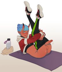 Rule 34 | 1boy, :q, black choker, black sports bra, blue eyes, blue hair, blush, choker, colored skin, commentary, commission, cropped hoodie, ear piercing, earrings, english commentary, erection, gyarusatan, hands under legs, highres, holding leg, hood, hoodie, horns, jewelry, legs up, looking at viewer, oni, orange skin, original, pants, penis, piercing, pointy ears, precum, precum string, red oni, shoes, sneakers, solo, sports bra, sui (suikisses), testicles, tongue, tongue out, track pants, trap, uncensored
