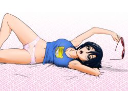 Rule 34 | 1girl, arms up, bed sheet, black hair, blue hair, bow, bow panties, breasts, brown eyes, cleavage, image sample, legs, lying, mahha warabi, may lee, medium breasts, midriff, navel, no pants, on side, open mouth, panties, pink panties, reclining, shirt, solo, sunglasses, the king of fighters, thighs, twitter sample, underwear