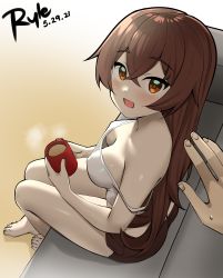 Rule 34 | 1girl, 2021, :d, absurdres, amber (genshin impact), artist name, bare shoulders, barefoot, blush, brown hair, brown shorts, coffee mug, covered erect nipples, cup, dated, downblouse, drink, feet, genshin impact, hand up, highres, long hair, looking at viewer, mug, no bra, open mouth, orange eyes, pov, red ribbon, ribbon, ryle, short shorts, shorts, sitting, smile, strap slip, sweatdrop, tank top, toes, white tank top