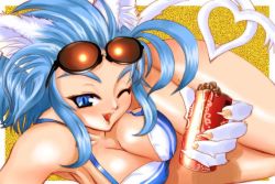 Rule 34 | 1girl, animal ears, animal hands, artist request, bikini, blue eyes, blue hair, breasts, can, capcom, cat ears, cat girl, cat tail, cleavage, coca-cola, eyewear on head, fangs, felicia (vampire), female focus, heart, heart tail, large breasts, lying, matching hair/eyes, on side, one eye closed, open mouth, slit pupils, solo, source request, sunglasses, swimsuit, tail, vampire (game), wink