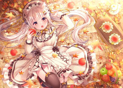 Rule 34 | 1girl, :o, animal ear fluff, animal ears, apple, apron, arm up, autumn leaves, blanket, blush, brown thighhighs, cat ears, commentary request, cup, cutting board, dress, fang, food, frilled apron, frilled dress, frills, fringe trim, from above, fruit, garter straps, hat, holding, holding food, holding fruit, knee up, leaf, long hair, long sleeves, looking at viewer, lying, maple leaf, nemuri nemu, on back, open mouth, original, outdoors, plaid, pleated dress, red apple, red eyes, saucer, silver hair, solo, spoon, sunset, tea, teacup, thighhighs, twintails, very long hair, white apron, white dress, white hat