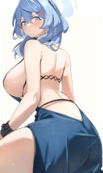 Rule 34 | 1girl, absurdres, ako (blue archive), ako (dress) (blue archive), anger vein, ass, backless dress, backless outfit, band (skymole01), bare arms, bare shoulders, blue archive, blue eyes, blue hair, blue halo, blush, breasts, closed mouth, commentary, dress, earrings, from behind, halo, highres, jewelry, large breasts, looking at viewer, looking back, medium hair, official alternate costume, simple background, solo