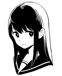 Rule 34 | 1girl, :&gt;, bright pupils, closed mouth, cropped shoulders, greyscale, hair behind ear, looking at viewer, looking to the side, monochrome, original, panzuban, portrait, sailor collar, school uniform, serafuku, simple background, smile, solo, straight hair, swept bangs, white background, white pupils
