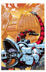 Rule 34 | autobot, bad deviantart id, bad id, blue eyes, border, cloud, collaboration, comic cover, cover image, gun, holding, holding gun, holding weapon, josh burcham, kei zama, looking at viewer, looking up, mecha, metroplex, official art, open mouth, optimus prime, robot, science fiction, sharp teeth, sky, sky lynx, tail, teeth, the transformers (idw), transformers, weapon, white border