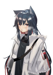 Rule 34 | 1girl, absurdres, animal ears, arknights, black hair, black shirt, blush, breath, brown eyes, commentary, highres, jacket, long hair, long sleeves, looking at viewer, official alternate costume, open clothes, open jacket, shirt, simple background, so ki chi, solo, texas (arknights), texas (winter messenger) (arknights), upper body, very long hair, white background, white jacket, wide sleeves, wolf ears