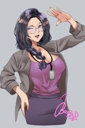 Rule 34 | 1girl, arm up, bagjaoppay, black skirt, borrowed character, braid, braided ponytail, breasts, cleavage, cowboy shot, glasses, grey background, grey shirt, hair over shoulder, hand on own hip, highres, jewelry, large breasts, long hair, necklace, one eye closed, open mouth, original, purple eyes, purple shirt, round eyewear, shirt, signature, simple background, skirt, smile, solo, stephanie (ol-chan)