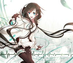 Rule 34 | 1girl, :d, aqua eyes, black pantyhose, brown hair, holding, long hair, looking at viewer, low twintails, microphone, open mouth, pantyhose, phino, smile, solo, twintails, utau, xia yu yao