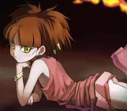 Rule 34 | 1girl, blush, boots, bracelet, brown hair, character request, clothes lift, dress, earrings, female focus, hand on own face, haruyama kazunori, jewelry, legs up, looking at viewer, lying, nipple slip, nipples, no bra, on stomach, panties, pink dress, pink footwear, pink skirt, sexually suggestive, skirt, skirt lift, solo, the pose, underwear, yellow eyes