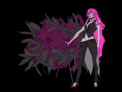 Rule 34 | 1girl, breasts, cane, flower, gloves, high heels, lips, long hair, medium breasts, megurine luka, microphone, pants, pink hair, pink theme, rq, shoes, solo, very long hair, vocaloid