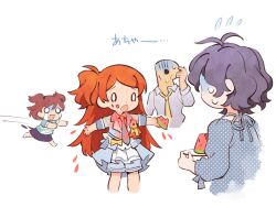 Rule 34 | 0 0, 1boy, 3girls, antenna hair, aoba misaki, bettermenty, blue dress, blue hair, blue jacket, blue necktie, blue shorts, blue skirt, brown hair, commentary, crying, dot nose, dress, flying sweatdrops, food, fruit, gloom (expression), green shirt, holding, holding food, holding tray, idolmaster, idolmaster million live!, idolmaster million live! theater days, jacket, long hair, long sleeves, looking at another, multiple girls, necktie, ogami tamaki, open mouth, orange hair, outstretched arms, p-head producer, polka dot, polka dot dress, producer (idolmaster), running, shirt, short hair, short sleeves, shorts, side ponytail, skirt, stained clothes, sweat, toyokawa fuka, translated, tray, twintails, watermelon, watermelon slice, wavy hair, white background, yellow necktie