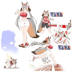 Rule 34 | 1girl, ?, all fours, animal ears, beret, bike shorts, black ribbon, black shorts, breasts, commentary request, crop top, fox ears, fox girl, fox tail, grey hair, hair ribbon, hat, highres, huge breasts, hurdle, island fox (kemono friends), kemono friends, kemono friends v project, long hair, midriff, multicolored hair, multiple views, orange hair, paddle, red headwear, ribbon, running, short sleeves, shorts, simple background, stretching, table tennis, table tennis paddle, tail, translation request, very long hair, virtual youtuber, white background, white hair, yellow eyes, yoshida hideyuki