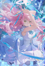 Rule 34 | 1girl, angel wings, blue archive, blush, breasts, dress, feathered wings, flower, hair bun, hair flower, hair ornament, halo, highres, large breasts, long hair, looking at viewer, mika (blue archive), open mouth, pantyhose, pink hair, pink halo, purple flower, single side bun, solo, ttk (kirinottk), white dress, white pantyhose, white wings, wings, yellow eyes