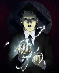 Rule 34 | 1boy, adolf hitler, artist name, black facial hair, black hair, black necktie, black suit, blue eyes, buttons, clenched hand, collared shirt, commentary, dark background, doqida67, dress shirt, electricity, english commentary, facial hair, fingernails, formal, highres, jacket, lapels, long sleeves, male focus, multicolored background, mustache, nazi, nazi flag, necktie, notched lapels, parted lips, politician, real life, sanpaku, serious, shirt, short hair, suit, suit jacket, swastika, toothbrush mustache, upper body, very short hair, white shirt