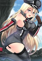 Rule 34 | 10s, 1girl, anchor, artist name, ass, bismarck (kancolle), blonde hair, blue sky, boots, breasts, brown gloves, cloud, covered erect nipples, day, detached sleeves, dress, gloves, go-it, grey dress, grey thighhighs, hand up, hat, kantai collection, large breasts, leg up, long hair, looking at viewer, looking to the side, military hat, panties, pantyshot, peaked cap, short dress, sideboob, skirt, sky, sleeveless, sleeveless dress, solo, standing, thighhighs, thighs, underwear, very long hair, water drop, watermark, web address