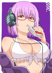Rule 34 | 1girl, absurdres, bad id, bad twitter id, bikini, breasts, cleavage, crack, cracked glass, disdain, drinking, drinking straw, front-tie bikini top, front-tie top, glasses, gridman universe, headphones, highres, large breasts, looking down, looking over eyewear, looking over glasses, purple background, purple hair, red eyes, shinjou akane, simple background, solo, ssss.gridman, swimsuit, tinted eyewear, tuskryo, upper body, yellow-tinted eyewear, yellow-tinted glasses