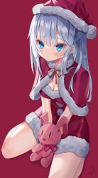 Rule 34 | 1girl, absurdres, artist name, blue eyes, breasts, capelet, cleavage, closed mouth, commentary, dress, fur-trimmed capelet, fur-trimmed dress, fur trim, grey hair, hat, highres, kneeling, long hair, looking at viewer, medium breasts, original, red background, red capelet, red dress, red hat, santa dress, santa hat, signature, simple background, sinobi illust, solo, stuffed animal, stuffed rabbit, stuffed toy