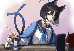 Rule 34 | 1girl, animal ears, black eyes, black hair, black nails, blue archive, blue neckerchief, blurry, blurry foreground, breasts, cat ears, cat tail, character doll, choker, doodle sensei (blue archive), halo, haori, head rest, highres, jacket, jacket on shoulders, japanese clothes, kikyou (blue archive), long sleeves, multiple tails, neckerchief, renge (blue archive), ribbon choker, sailor collar, sensei (blue archive), shirt, short hair, small breasts, solo, table, tail, upper body, white shirt, yakupan, yukari (blue archive)